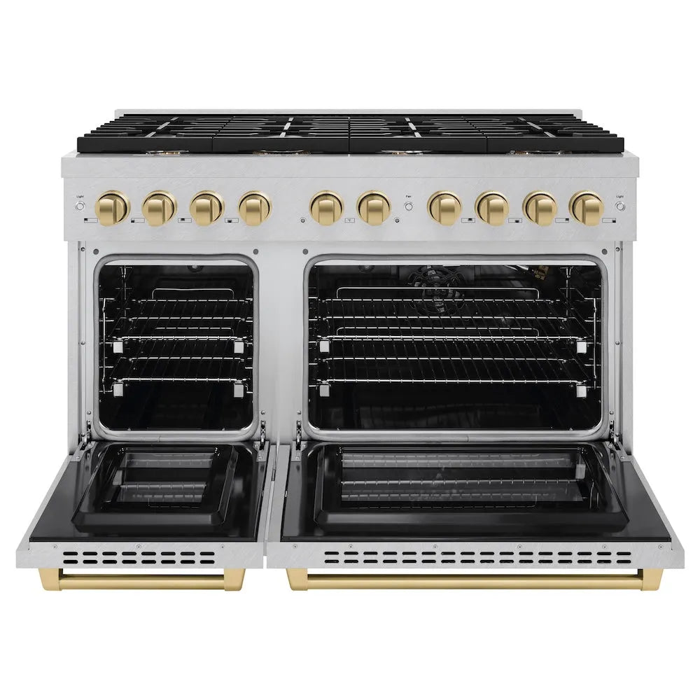 ZLINE Autograph Edition Paramount 48-inch range in satin stainless steel and champagne bronze accents SGRSZ-48-CB, front view