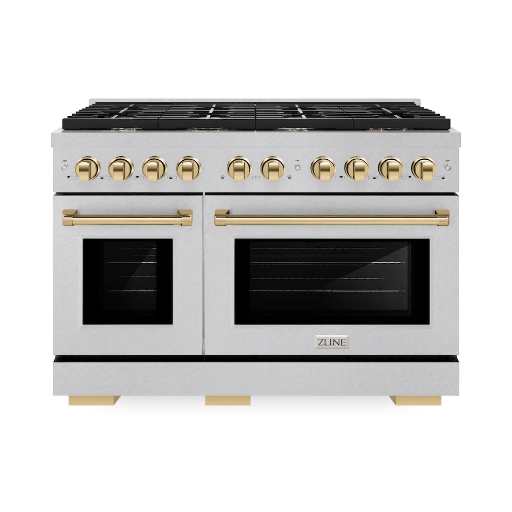 ZLINE Autograph Edition Paramount 48-inch range in satin stainless steel and polished gold accents SGRSZ-48-G, front view