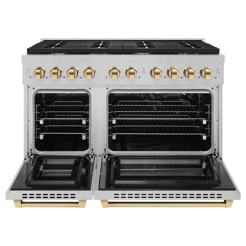 ZLINE Autograph Edition Paramount 48-inch range in satin stainless steel and polished gold accents SGRSZ-48-G, front view