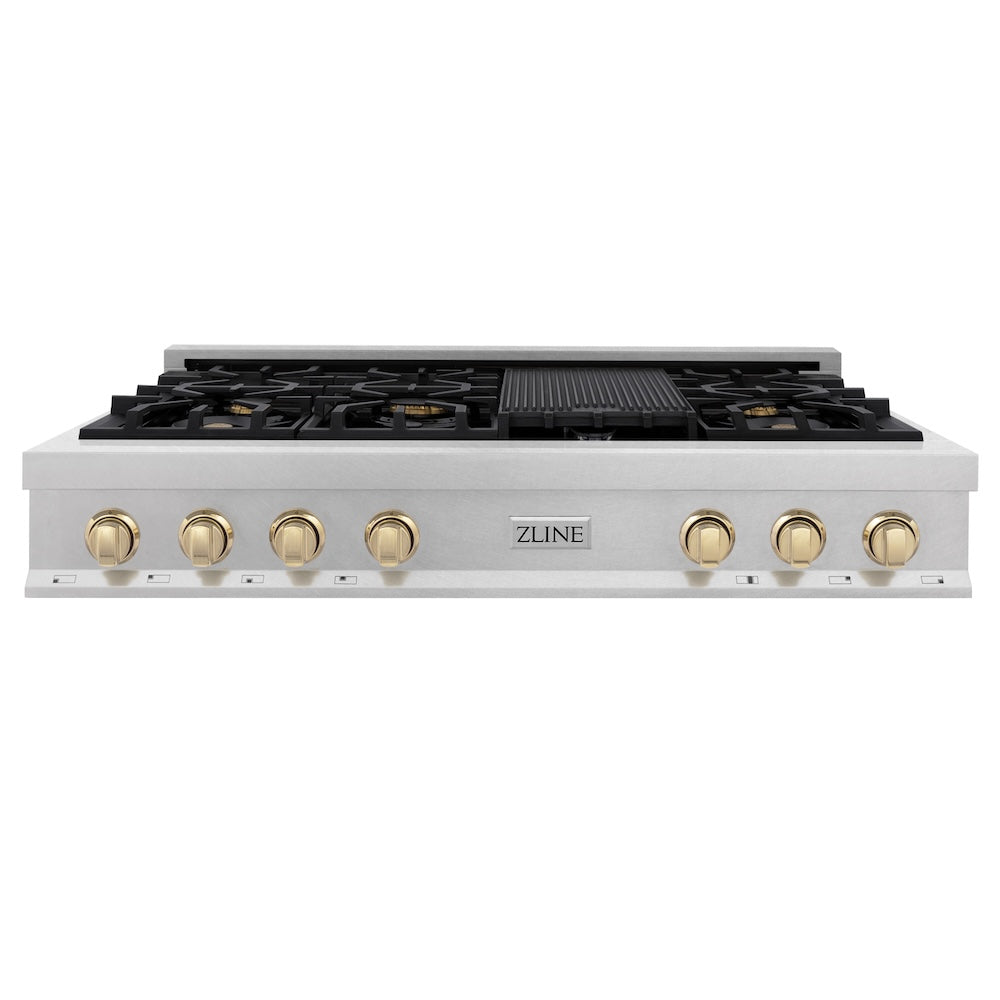 ZLINE Autograph Edition Legacy 48-inch rangetop in satin stainless steel and polished gold accents RTSZ-48-G, front view