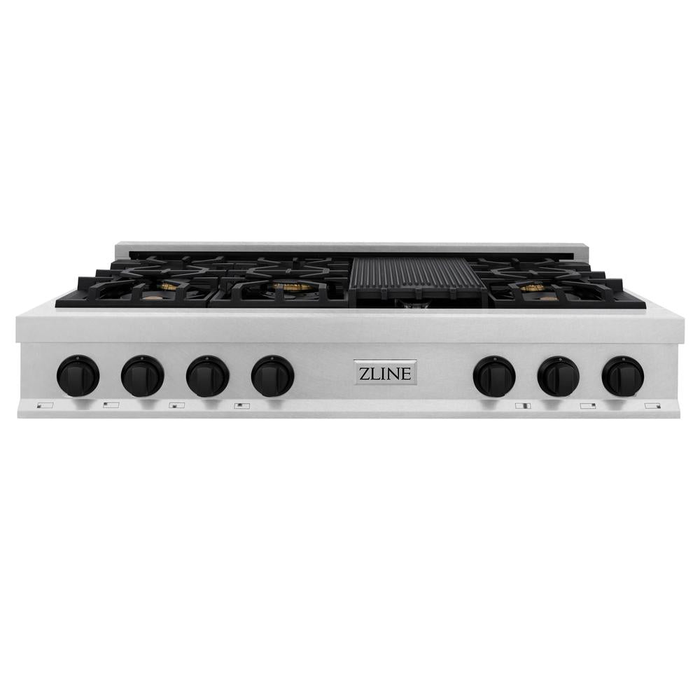 ZLINE Autograph Edition Legacy 48-inch rangetop in satin stainless steel and matte black accents RTSZ-48-MB, front view