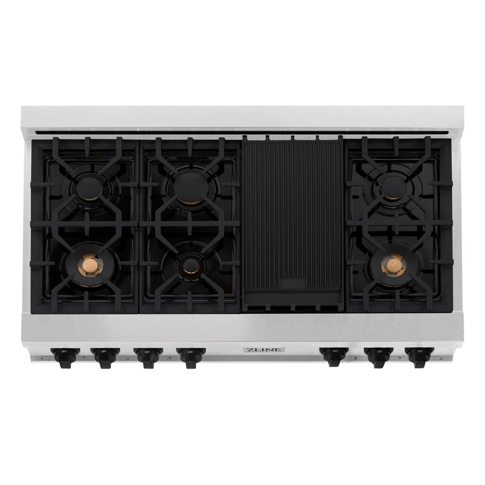 ZLINE Autograph Edition Legacy 48-inch rangetop in satin stainless steel and matte black accents RTSZ-48-MB, from above