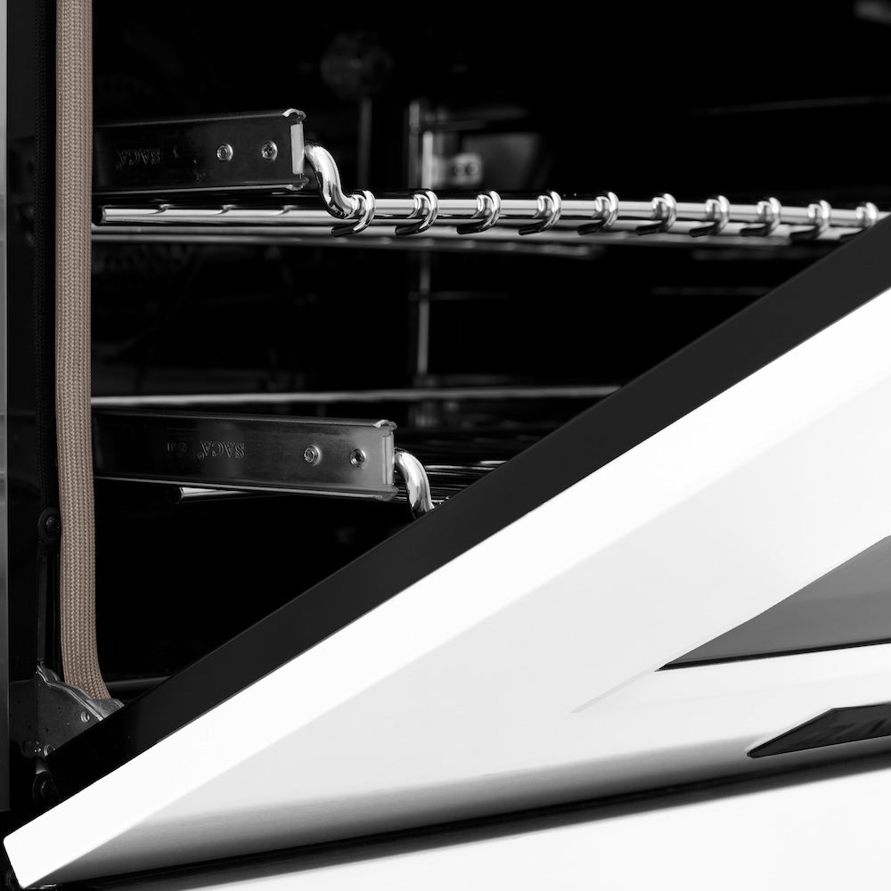 ZLINE Autograph Edition Legacy 24-inch range in satin stainless steel with white matte door and matte black accents RASZ-WM-24-MB, detail