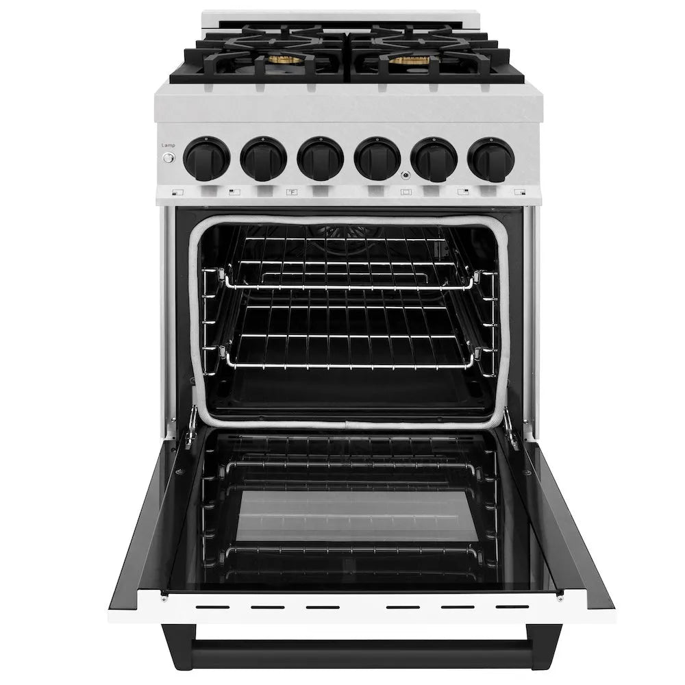 ZLINE Autograph Edition Legacy 24-inch range in satin stainless steel with white matte door and matte black accents RASZ-WM-24-MB, front view