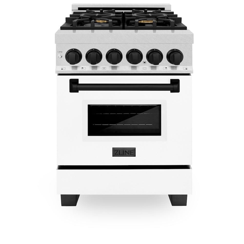 ZLINE Autograph Edition Legacy 24-inch range in satin stainless steel with white matte door and matte black accents RASZ-WM-24-MB, front view