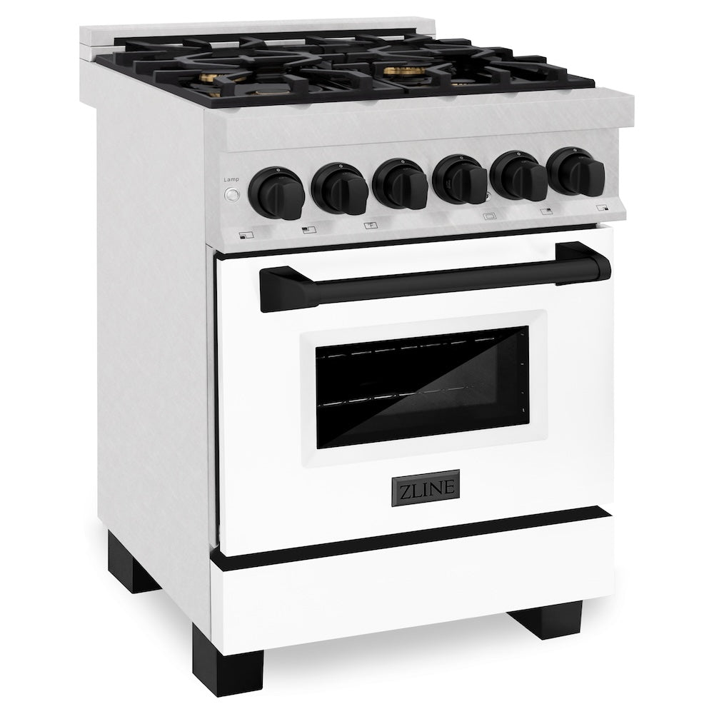 ZLINE Autograph Edition Legacy 24-inch range in satin stainless steel with white matte door and matte black accents RASZ-WM-24-MB