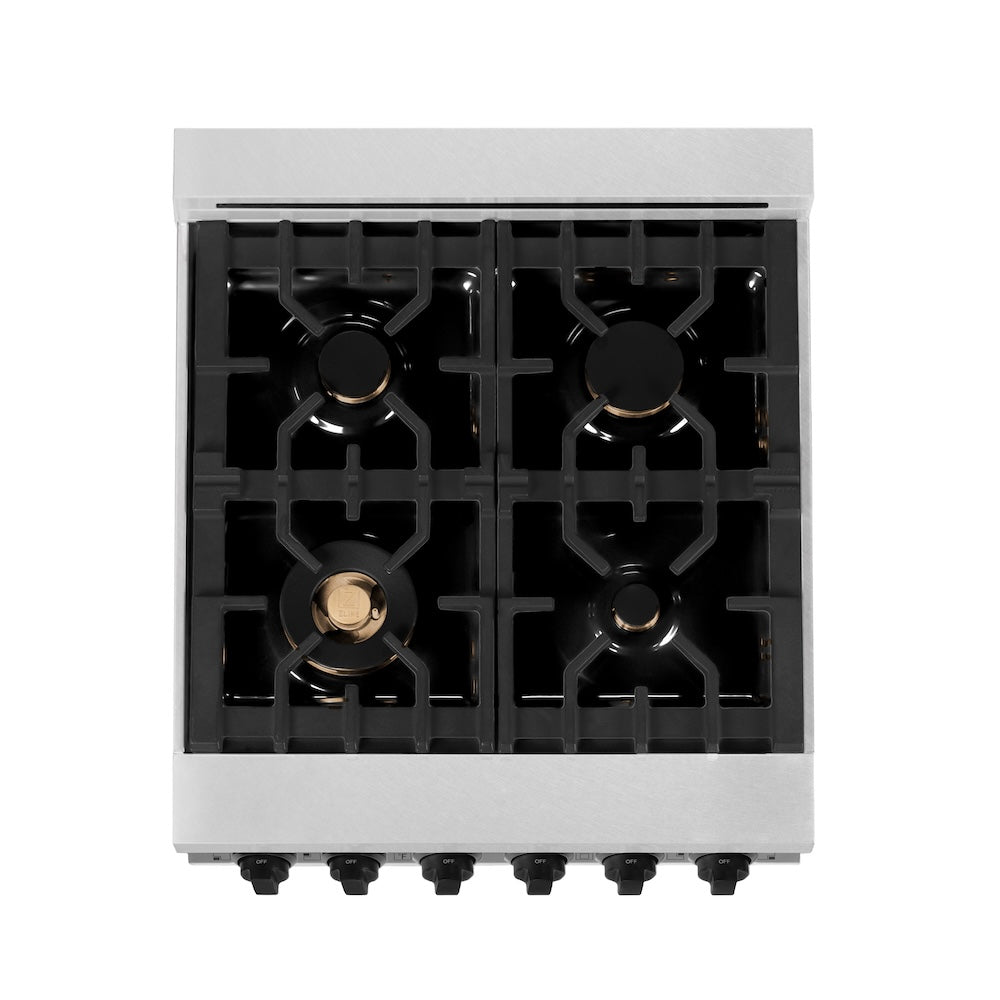 ZLINE Autograph Edition Legacy 24-inch range in satin stainless steel with white matte door and matte black accents RASZ-WM-24-MB, from above
