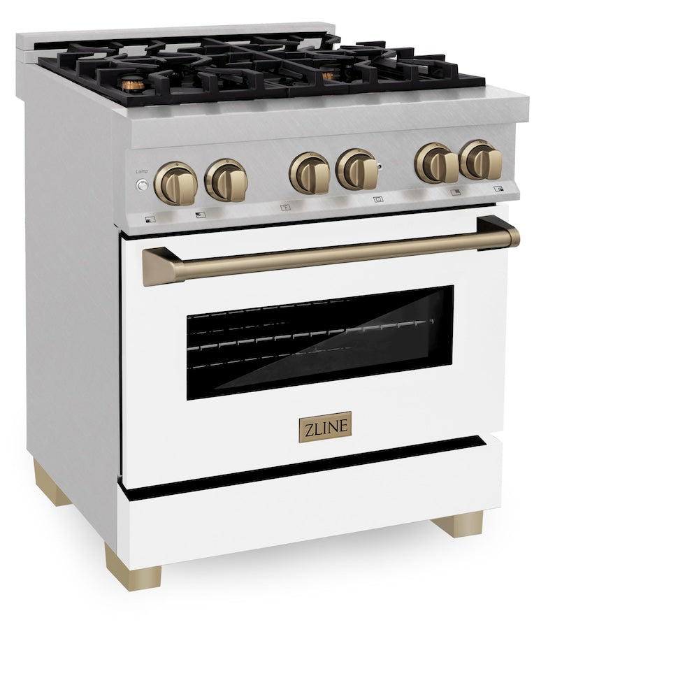 ZLINE Autograph Edition Legacy 30-inch range in satin stainless steel with white matte door and champagne bronze accents RASZ-WM-30-CB, view 4