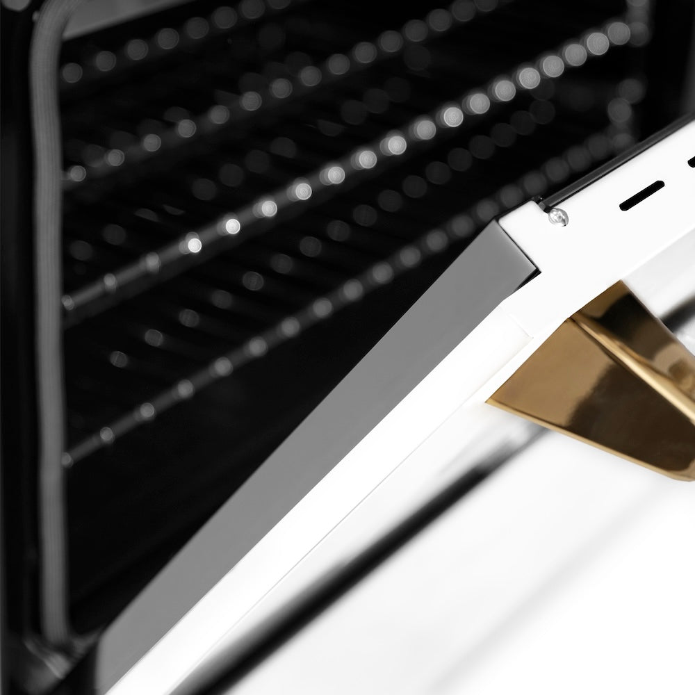 ZLINE Autograph Edition Legacy 30-inch range in satin stainless steel with white matte door and polished gold accents RASZ-WM-30-G, detail