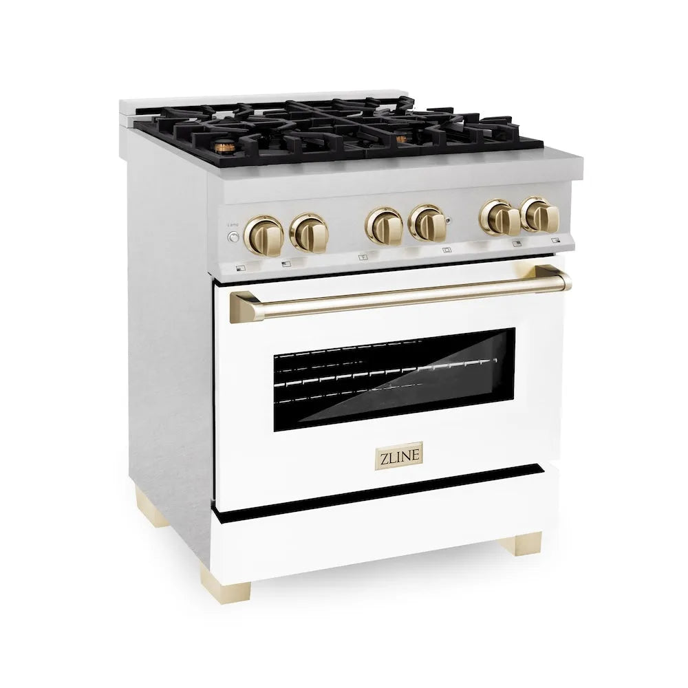 ZLINE Autograph Edition Legacy 30-inch range in satin stainless steel with white matte door and polished gold accents RASZ-WM-30-G