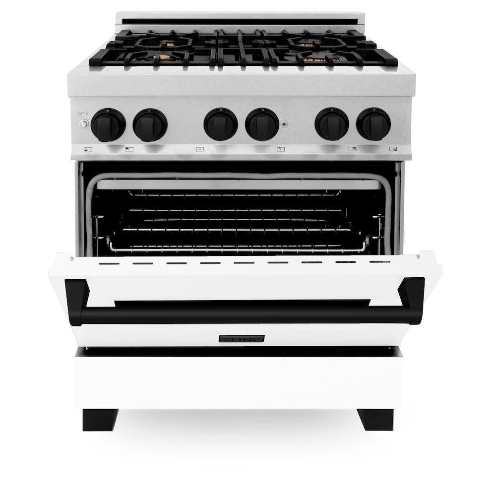 ZLINE Autograph Edition Legacy 30-inch range in satin stainless steel with white matte door and matte black accents RASZ-WM-30-MB, front view