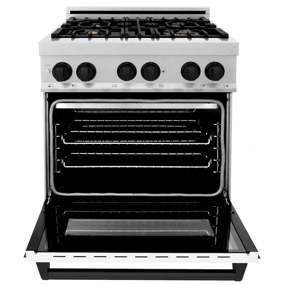 ZLINE Autograph Edition Legacy 30-inch range in satin stainless steel with white matte door and matte black accents RASZ-WM-30-MB, front view