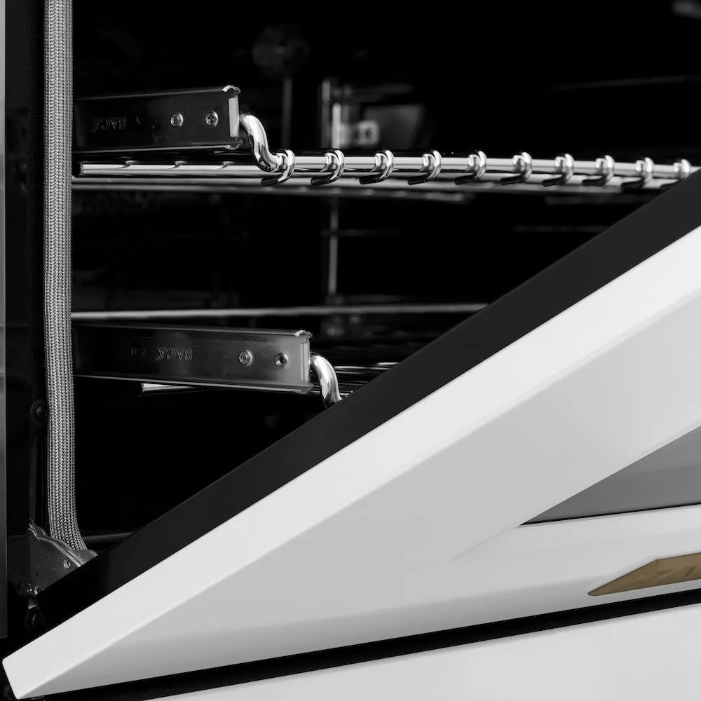 ZLINE Autograph Edition Legacy 36-inch range in satin stainless steel with white matte door and champagne bronze accents RASZ-WM-36-CB, detail