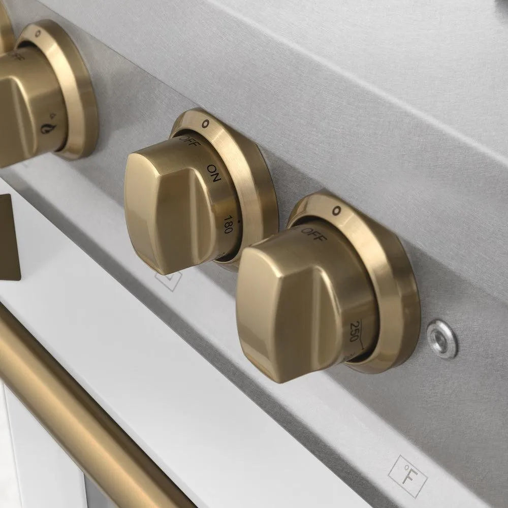 ZLINE Autograph Edition Legacy 36-inch range in satin stainless steel with white matte door and champagne bronze accents RASZ-WM-36-CB, detail
