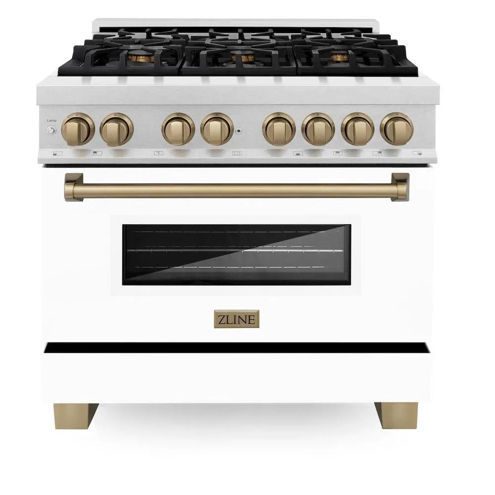 ZLINE Autograph Edition Legacy 36-inch range in satin stainless steel with white matte door and champagne bronze accents RASZ-WM-36-CB, front view