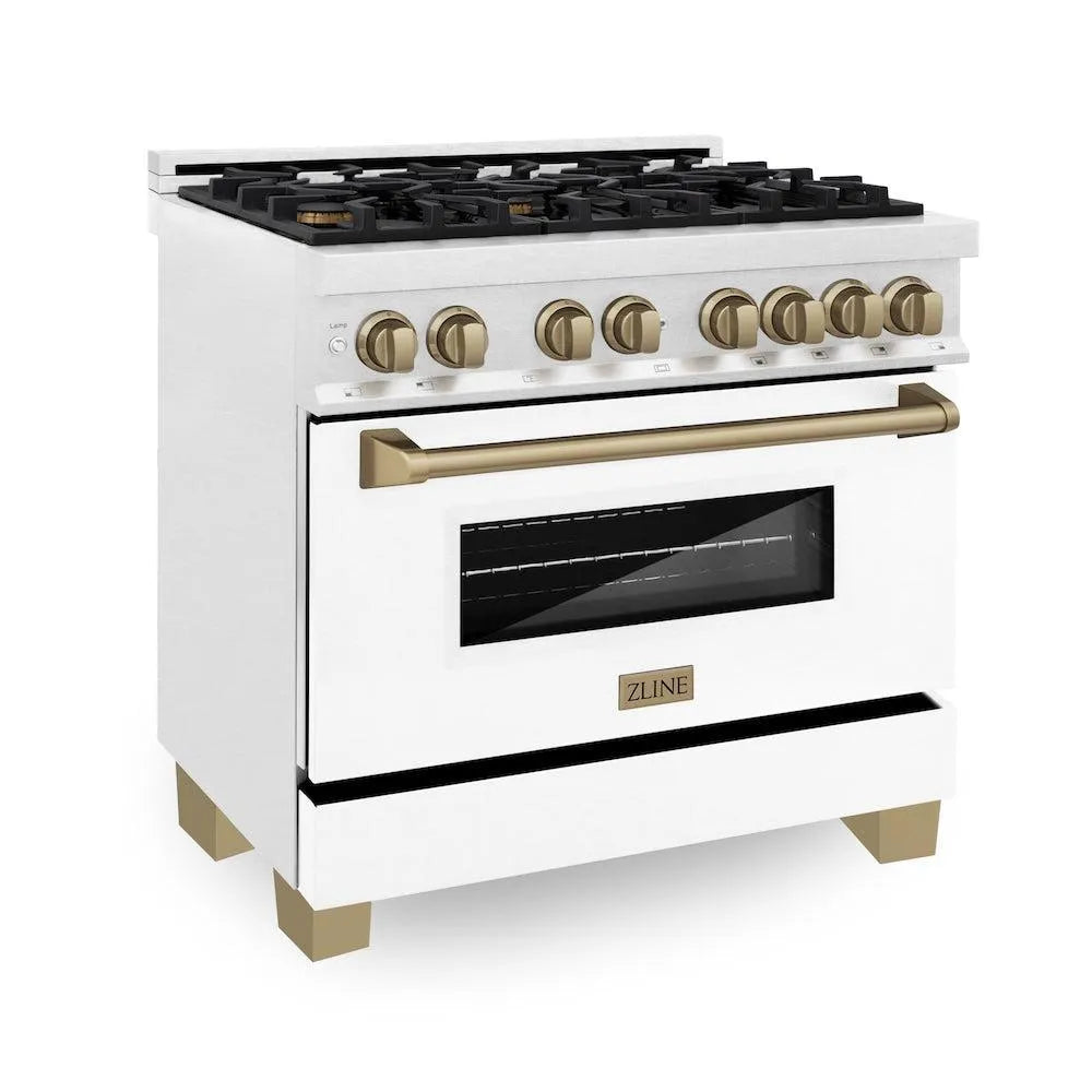 ZLINE Autograph Edition Legacy 36-inch range in satin stainless steel with white matte door and champagne bronze accents RASZ-WM-36-CB