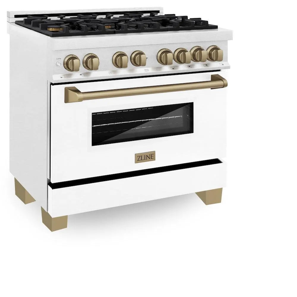ZLINE Autograph Edition Legacy 36-inch range in satin stainless steel with white matte door and champagne bronze accents RASZ-WM-36-CB, view 4