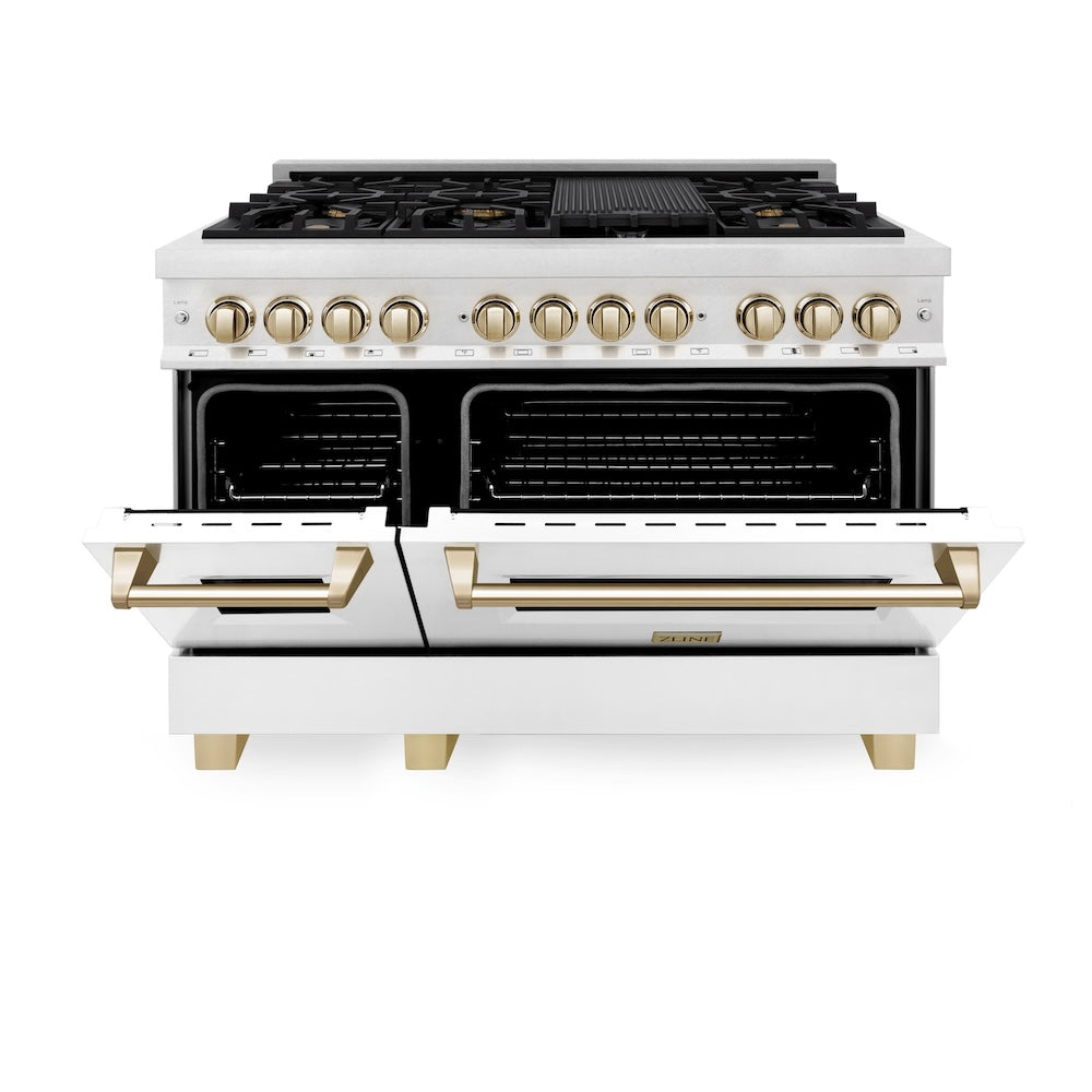 ZLINE Autograph Edition Legacy 48-inch range in satin stainless steel with white matte door and polished gold accents RASZ-WM-48-G, front view