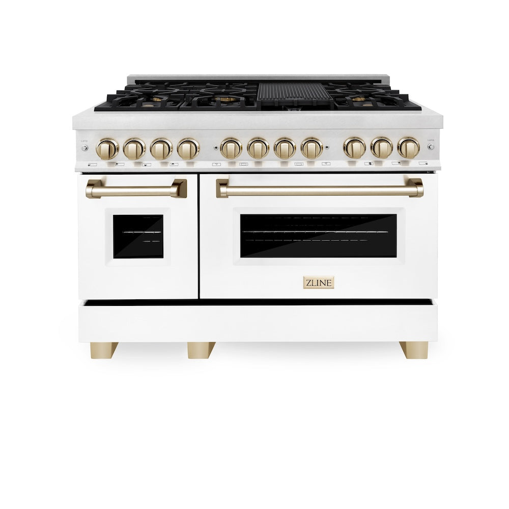 ZLINE Autograph Edition Legacy 48-inch range in satin stainless steel with white matte door and polished gold accents RASZ-WM-48-G, front view