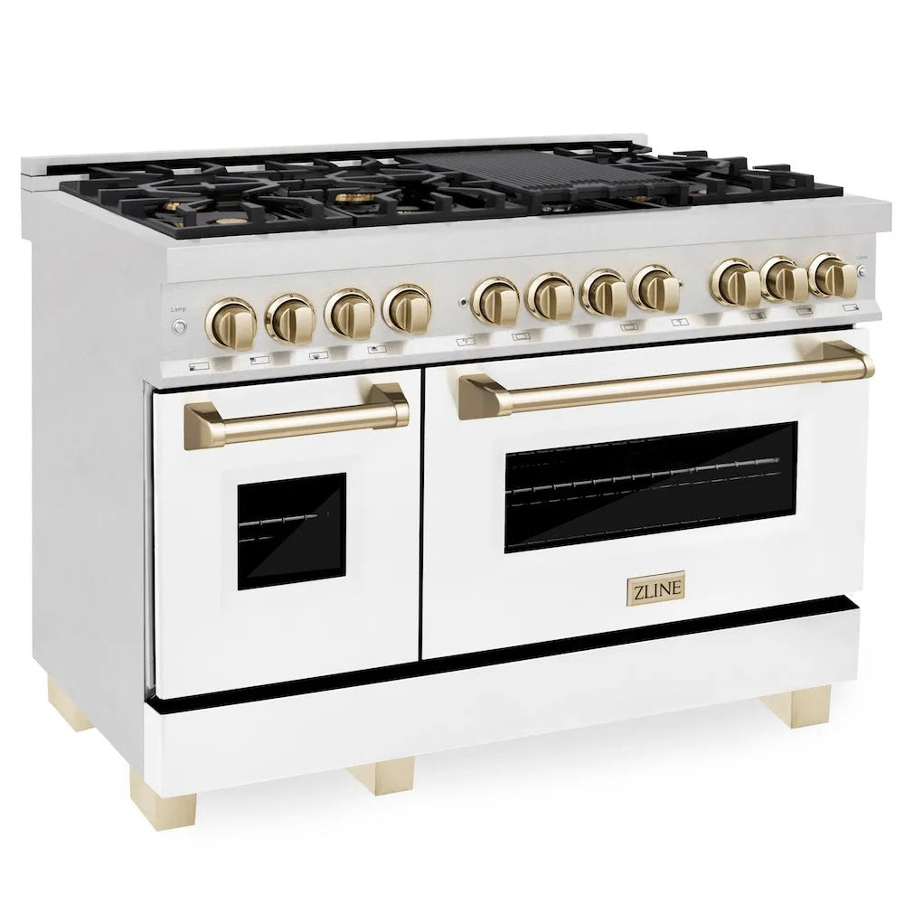 ZLINE Autograph Edition Legacy 48-inch range in satin stainless steel with white matte door and polished gold accents RASZ-WM-48-G