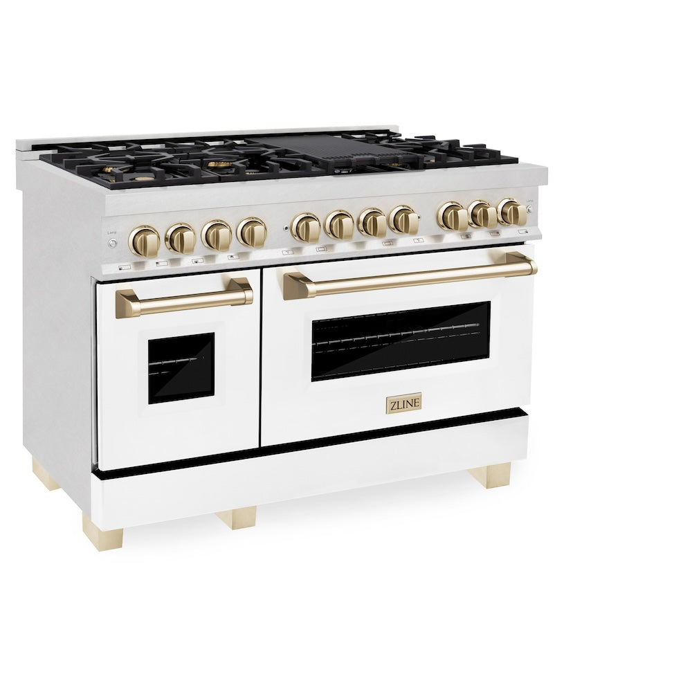 ZLINE Autograph Edition Legacy 48-inch range in satin stainless steel with white matte door and polished gold accents RASZ-WM-48-G, view 6