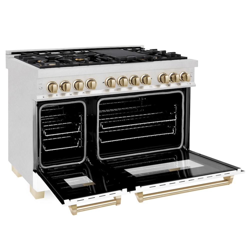 ZLINE Autograph Edition Legacy 48-inch range in satin stainless steel with white matte door and polished gold accents RASZ-WM-48-G, door open