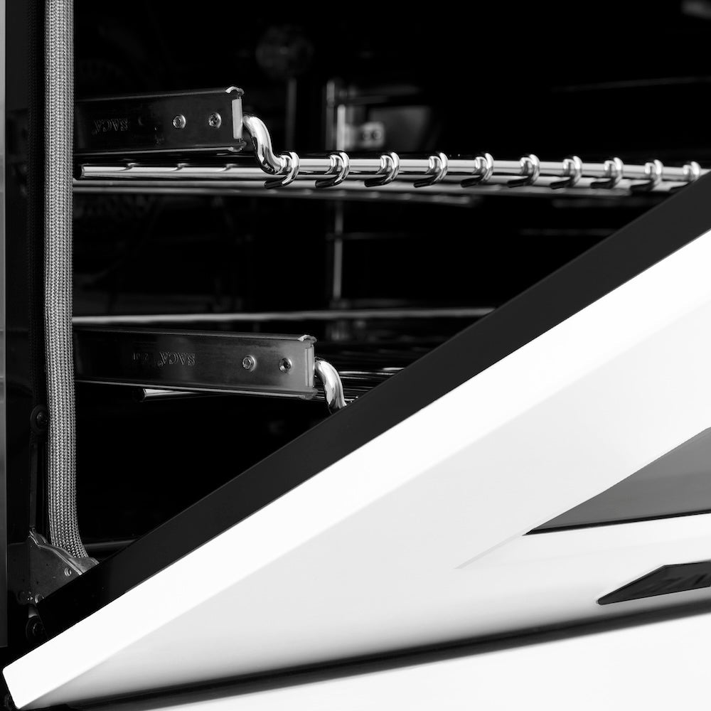 ZLINE Autograph Edition Legacy 48-inch range in satin stainless steel with white matte door and matte black accents RASZ-WM-48-MB, detail