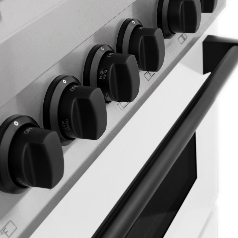 ZLINE Autograph Edition Legacy 48-inch range in satin stainless steel with white matte door and matte black accents RASZ-WM-48-MB, detail