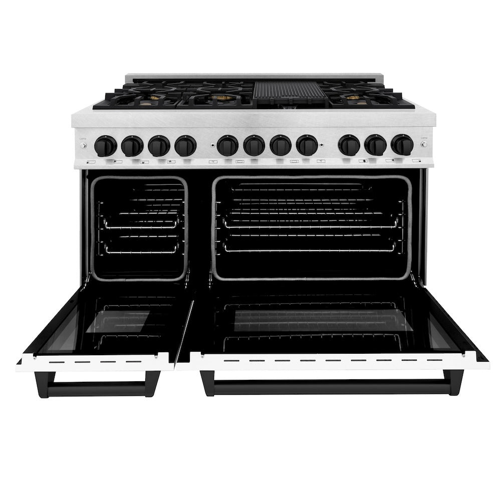 ZLINE Autograph Edition Legacy 48-inch range in satin stainless steel with white matte door and matte black accents RASZ-WM-48-MB, front view