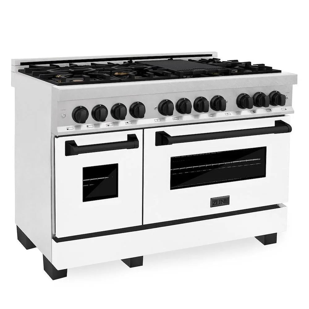 ZLINE Autograph Edition Legacy 48-inch range in satin stainless steel with white matte door and matte black accents RASZ-WM-48-MB