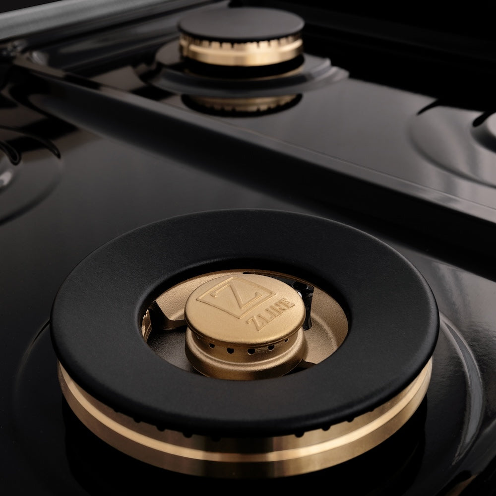 ZLINE Autograph Edition Legacy 60-inch range in satin stainless steel with white matte door and champagne bronze accents RASZ-WM-60-CB, detail
