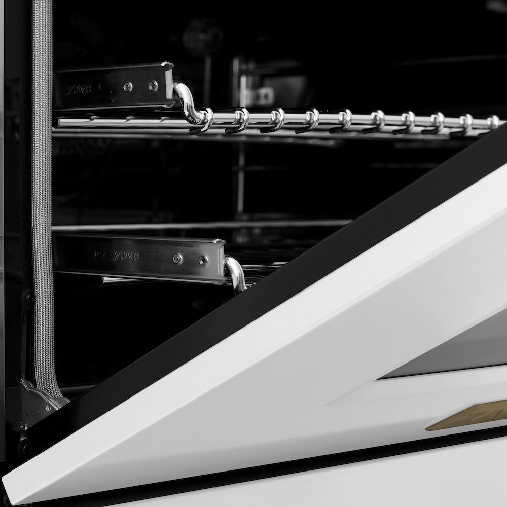 ZLINE Autograph Edition Legacy 60-inch range in satin stainless steel with white matte door and champagne bronze accents RASZ-WM-60-CB, detail
