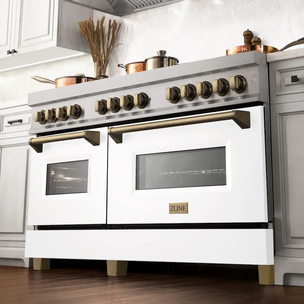ZLINE Autograph Edition Legacy 60-inch range in satin stainless steel with white matte door and champagne bronze accents RASZ-WM-60-CB, from above