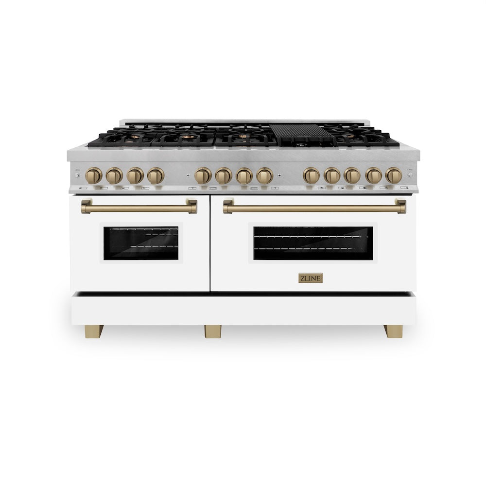 ZLINE Autograph Edition Legacy 60-inch range in satin stainless steel with white matte door and champagne bronze accents RASZ-WM-60-CB, front view