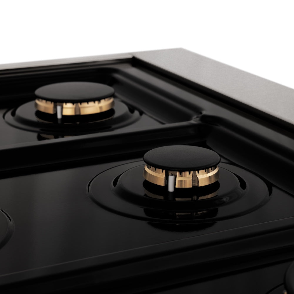 ZLINE Autograph Edition Legacy 60-inch range in satin stainless steel with white matte door and matte black accents RASZ-WM-60-MB, detail