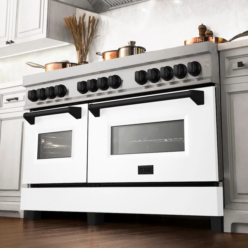 ZLINE Autograph Edition Legacy 60-inch range in satin stainless steel with white matte door and matte black accents RASZ-WM-60-MB, from above