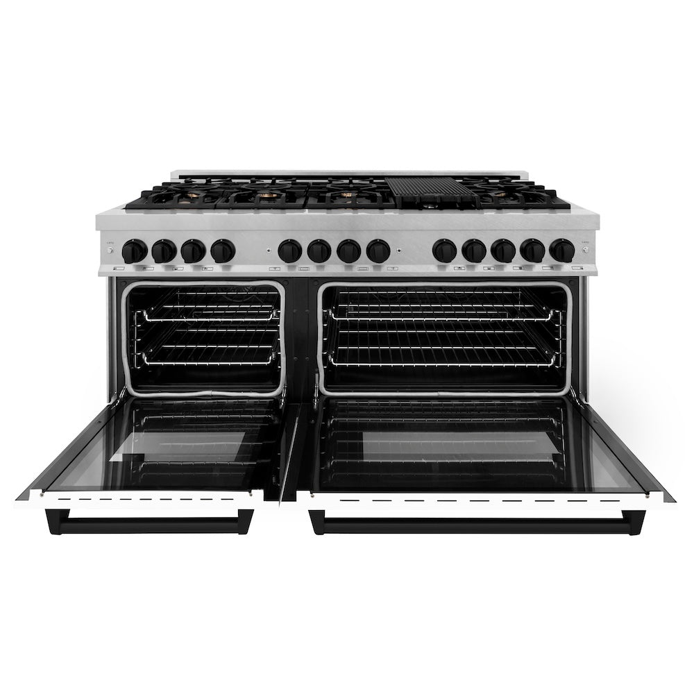 ZLINE Autograph Edition Legacy 60-inch range in satin stainless steel with white matte door and matte black accents RASZ-WM-60-MB, front view