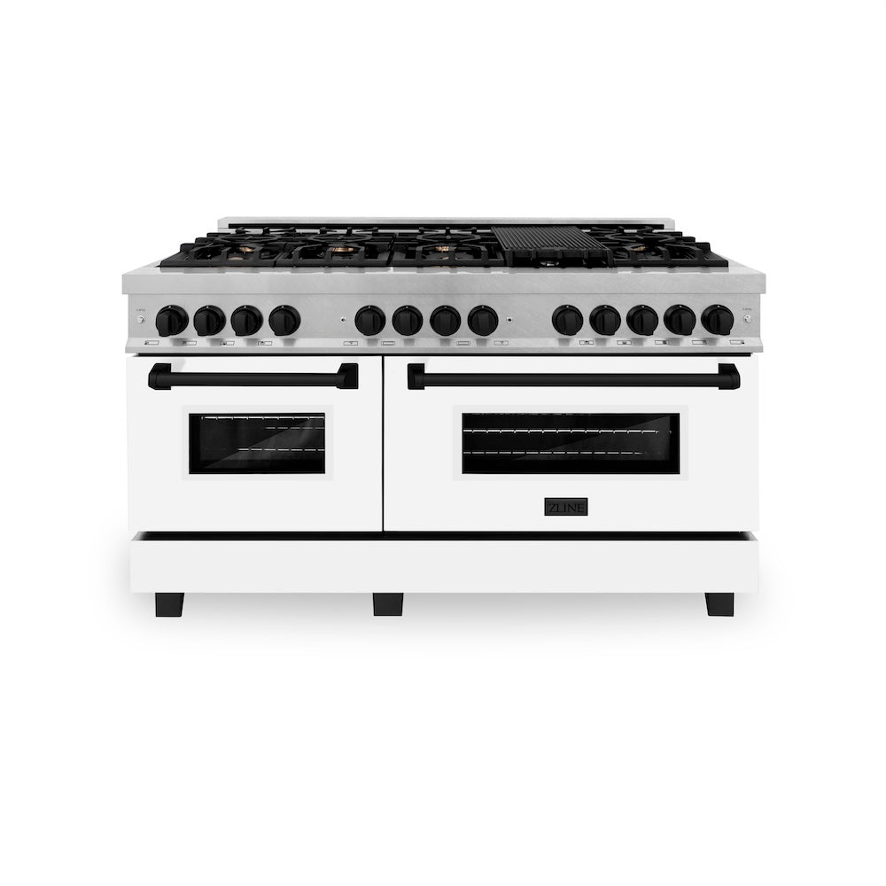 ZLINE Autograph Edition Legacy 60-inch range in satin stainless steel with white matte door and matte black accents RASZ-WM-60-MB, front view