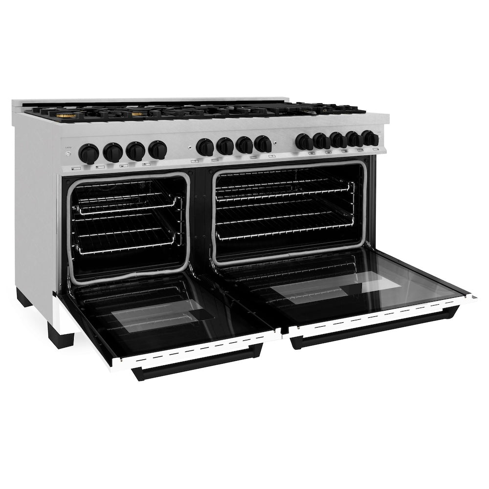 ZLINE Autograph Edition Legacy 60-inch range in satin stainless steel with white matte door and matte black accents RASZ-WM-60-MB, door open
