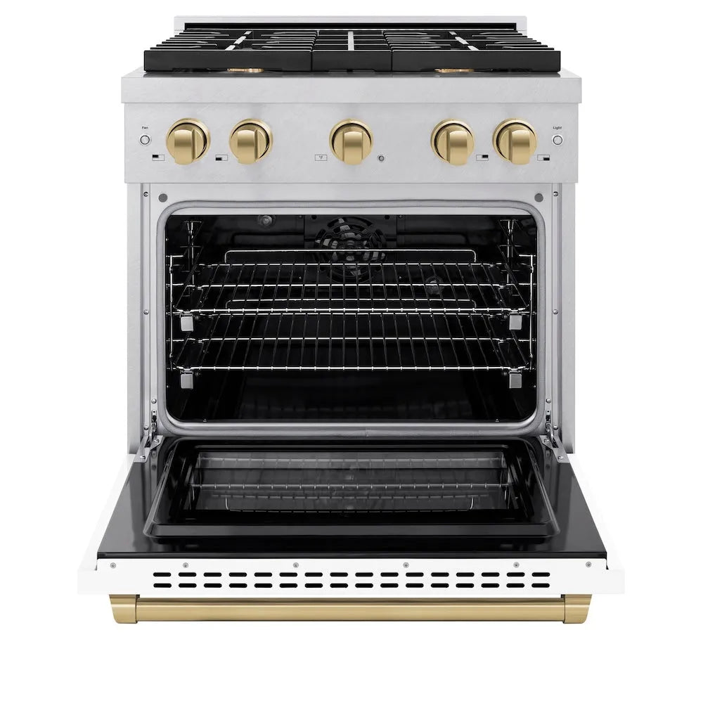 ZLINE Autograph Edition Paramount 30-inch range in satin stainless steel with white matte door and champagne bronze accents SDRSZ-WM-30-CB, front view