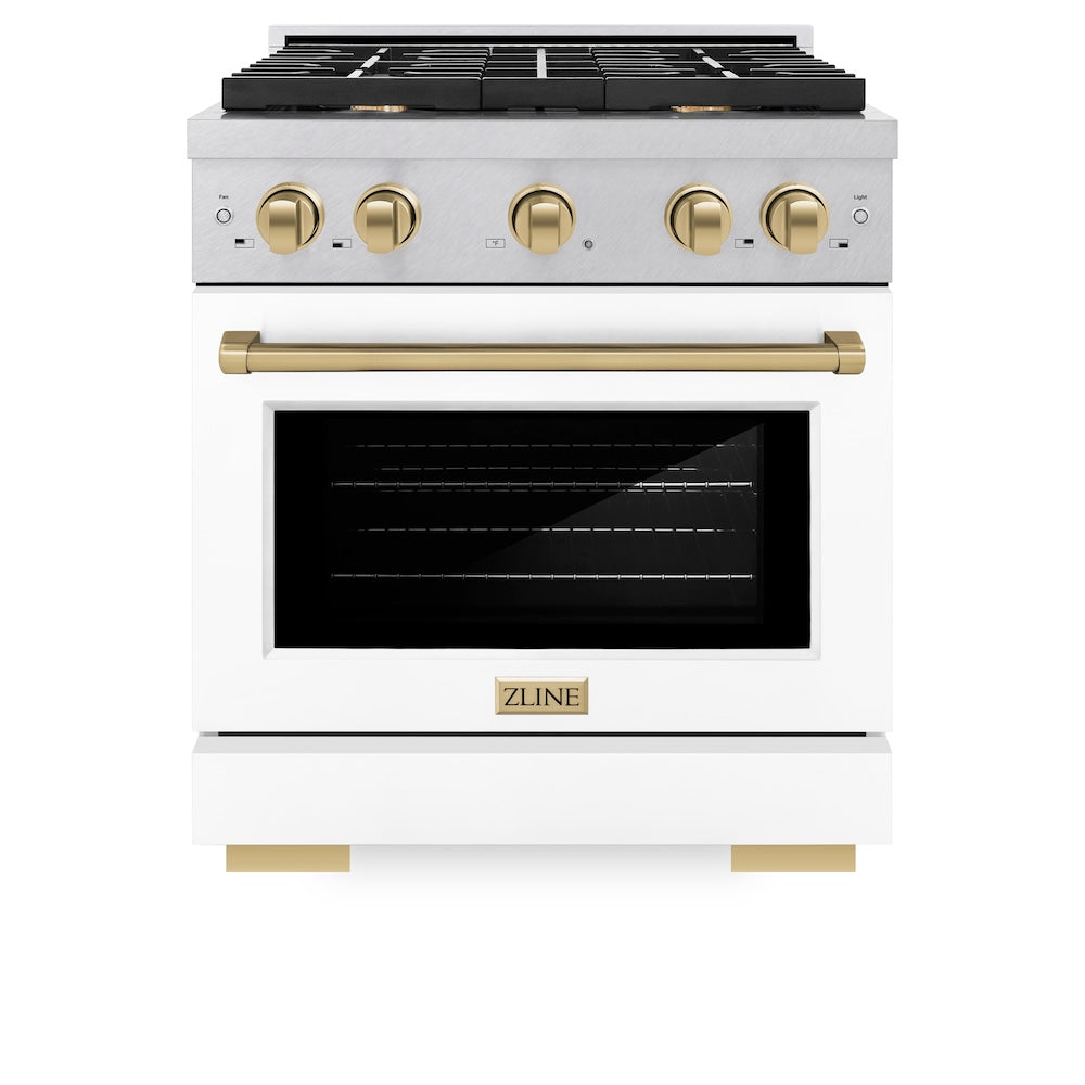 ZLINE Autograph Edition Paramount 30-inch range in satin stainless steel with white matte door and champagne bronze accents SDRSZ-WM-30-CB, front view