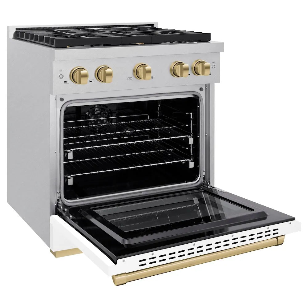 ZLINE Autograph Edition Paramount 30-inch range in satin stainless steel with white matte door and champagne bronze accents SDRSZ-WM-30-CB, door open