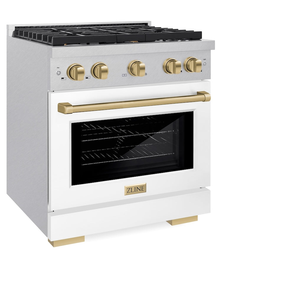 ZLINE Autograph Edition Paramount 30-inch range in satin stainless steel with white matte door and champagne bronze accents SDRSZ-WM-30-CB, view 5