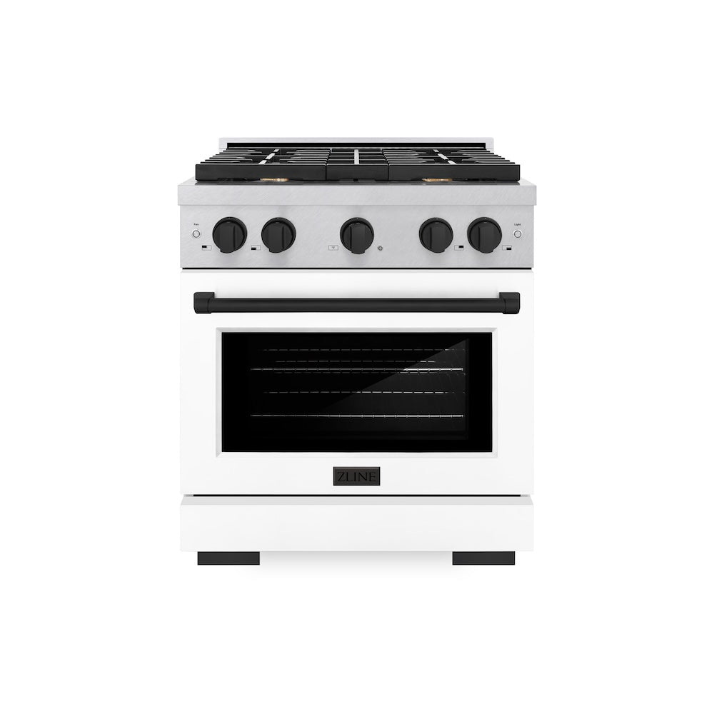 ZLINE Autograph Edition Paramount 30-inch range in satin stainless steel with white matte door and matte black accents SDRSZ-WM-30-MB, front view