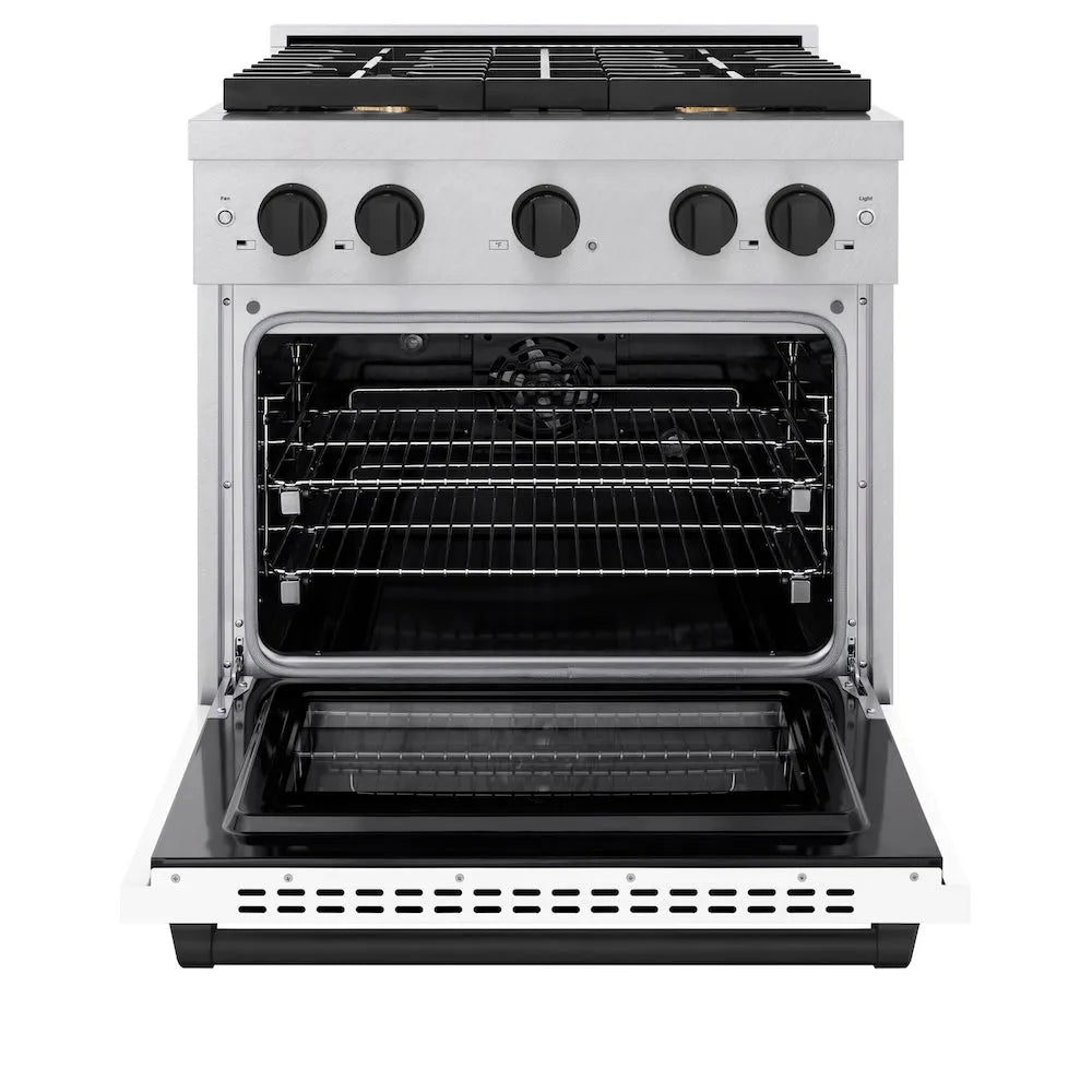 ZLINE Autograph Edition Paramount 30-inch range in satin stainless steel with white matte door and matte black accents SDRSZ-WM-30-MB, front view