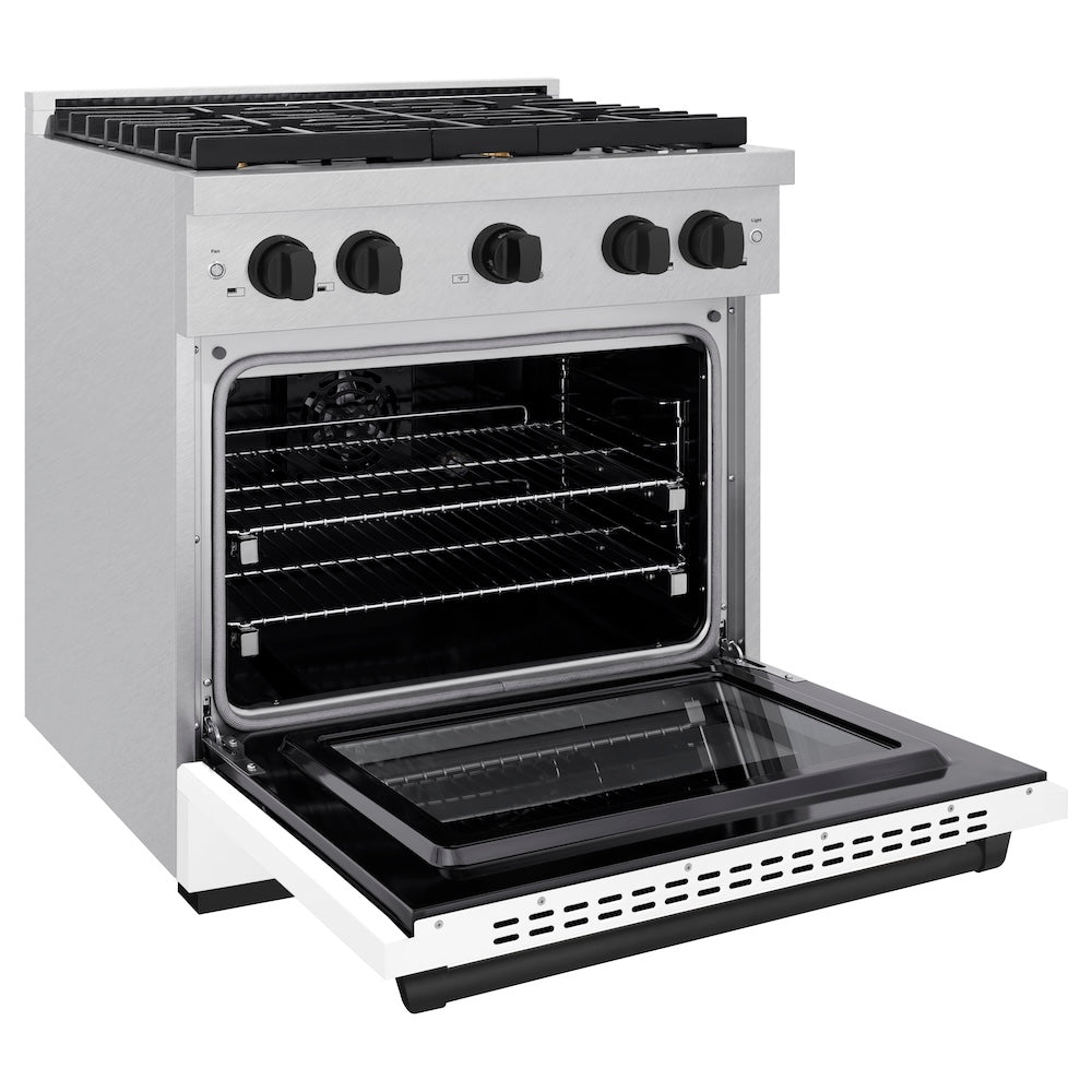 ZLINE Autograph Edition Paramount 30-inch range in satin stainless steel with white matte door and matte black accents SDRSZ-WM-30-MB, door open