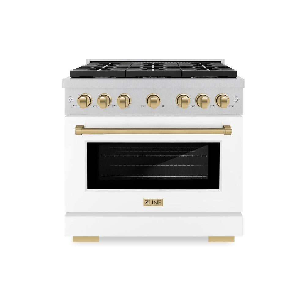 ZLINE Autograph Edition Paramount 36-inch range in satin stainless steel with white matte door and champagne bronze accents SDRSZ-WM-36-CB, front view