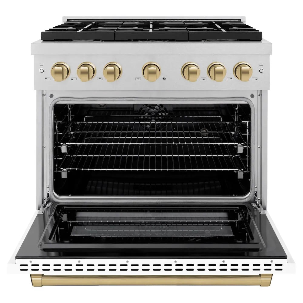 ZLINE Autograph Edition Paramount 36-inch range in satin stainless steel with white matte door and champagne bronze accents SDRSZ-WM-36-CB, front view