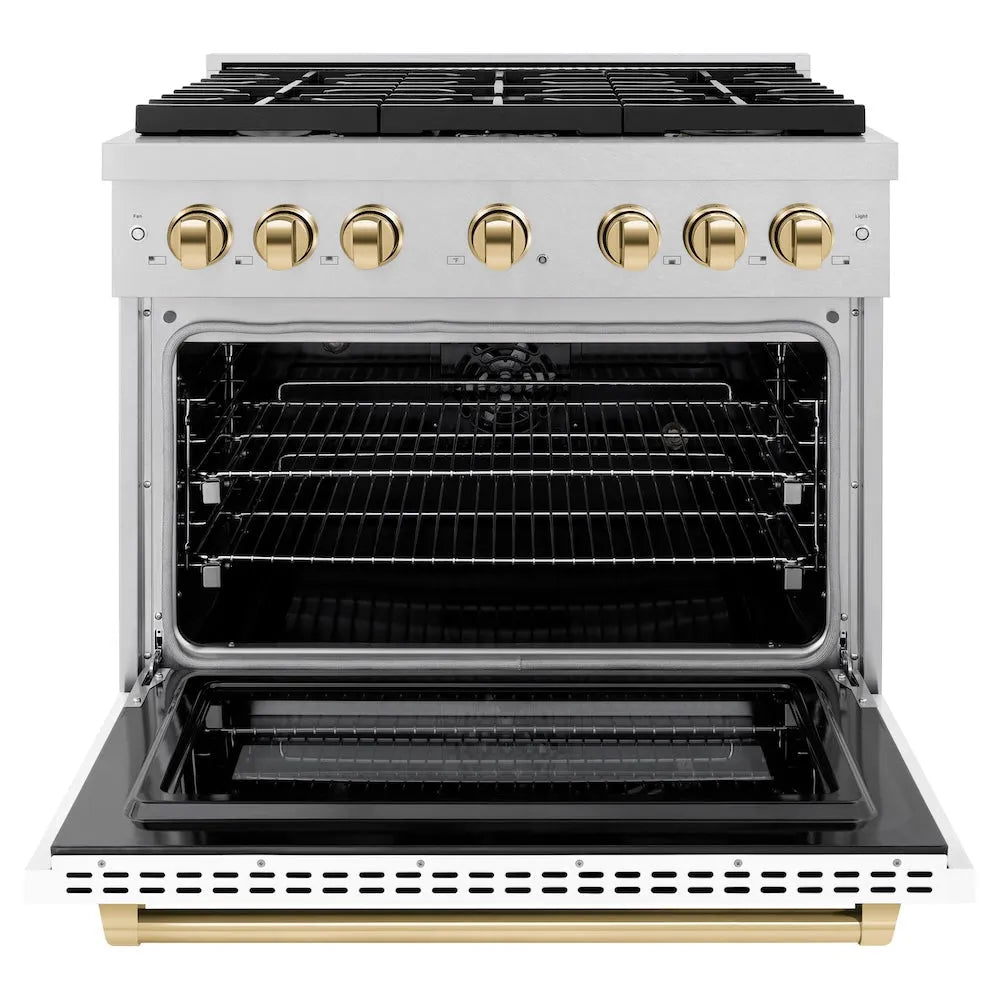ZLINE Autograph Edition Paramount 36-inch range in satin stainless steel with white matte door and polished gold accents SDRSZ-WM-36-G, front view