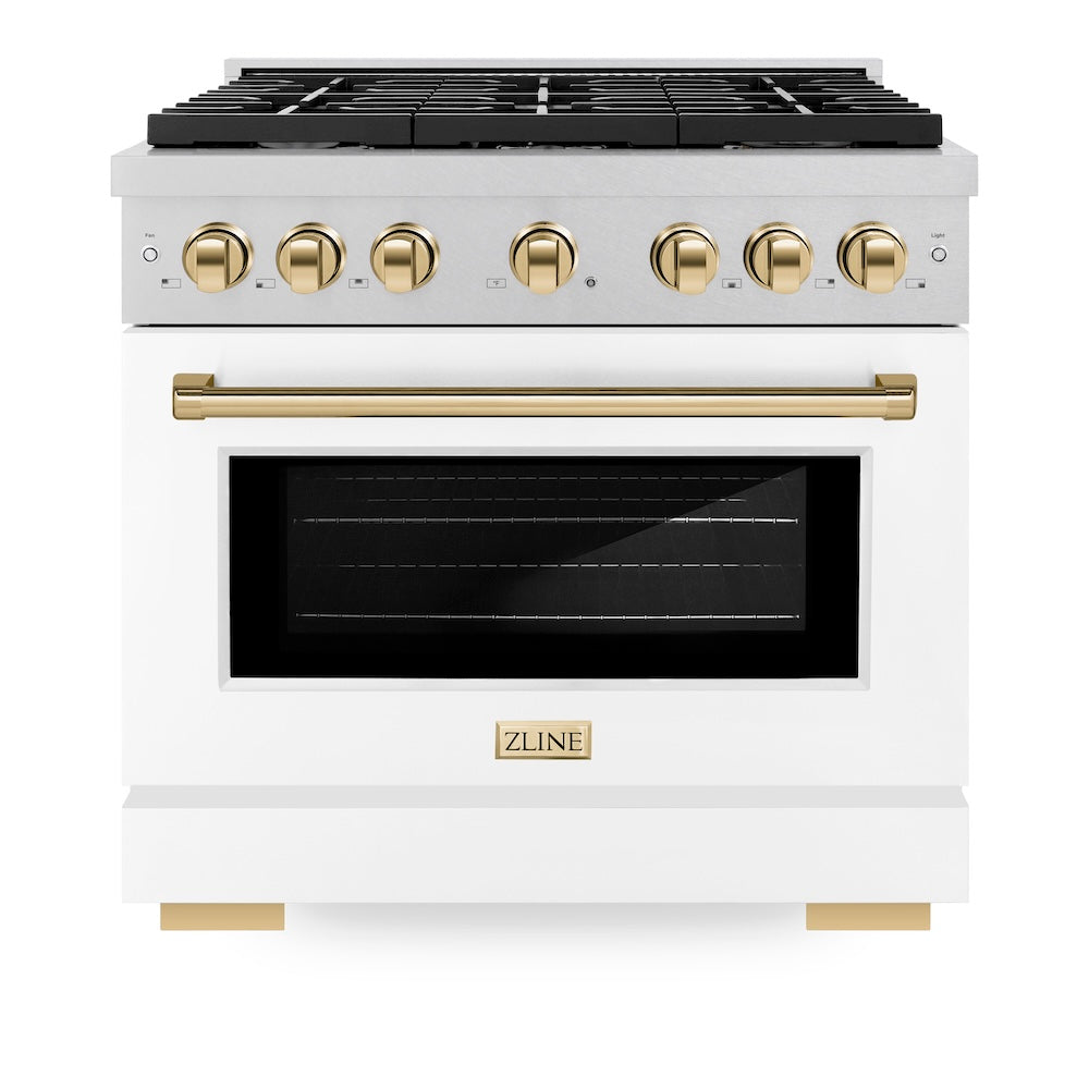 ZLINE Autograph Edition Paramount 36-inch range in satin stainless steel with white matte door and polished gold accents SDRSZ-WM-36-G, front view